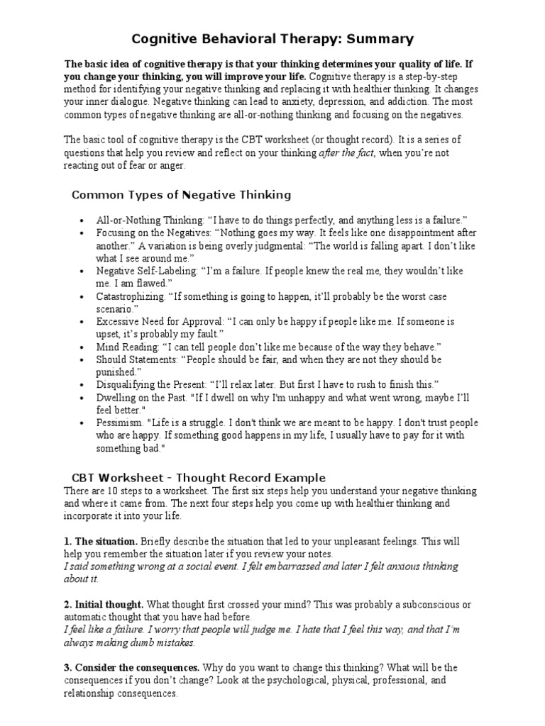 Cognitive Behavioral Therapy Cbt Summary Download Free Pdf Thought