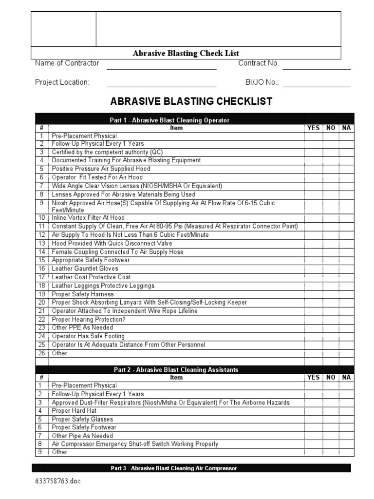 Abrasive Blasting Check List PDF Personal Protective Equipment Safety