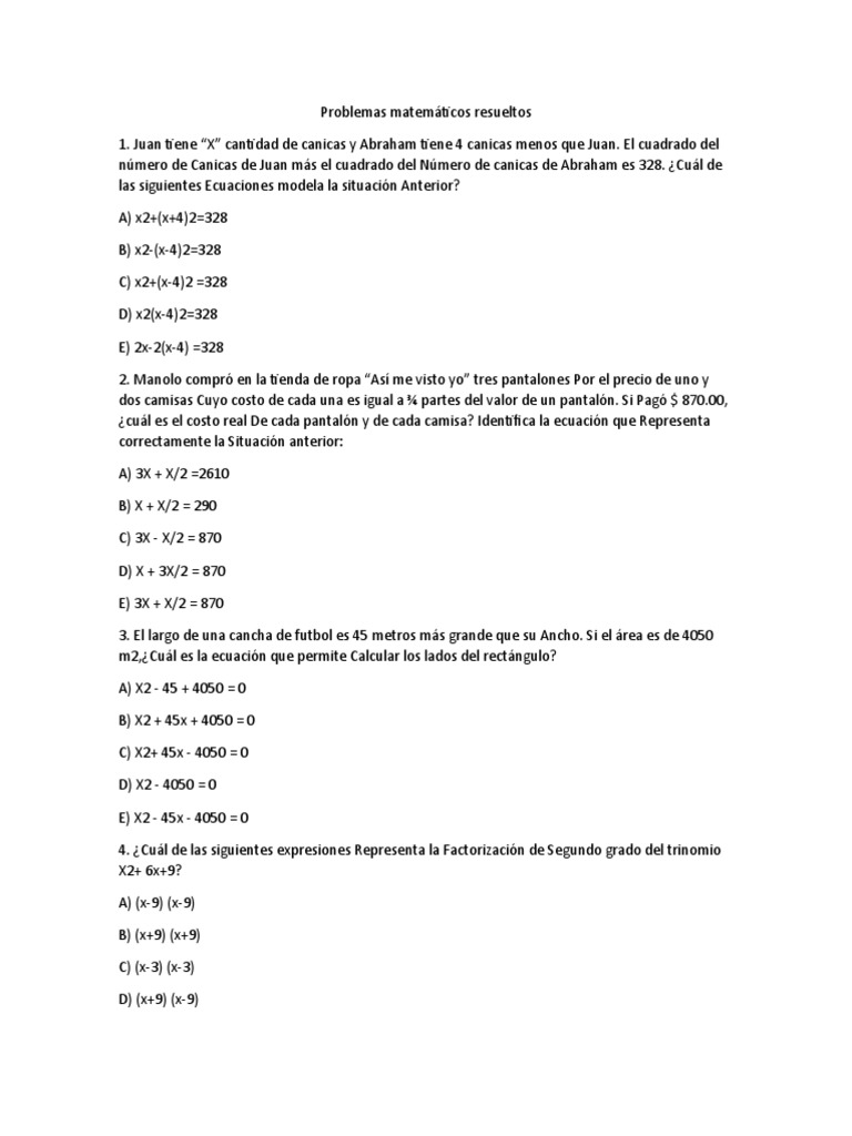 Problemas Matemáticos Resueltos | PDF | Ecuaciones | Geometría Elemental