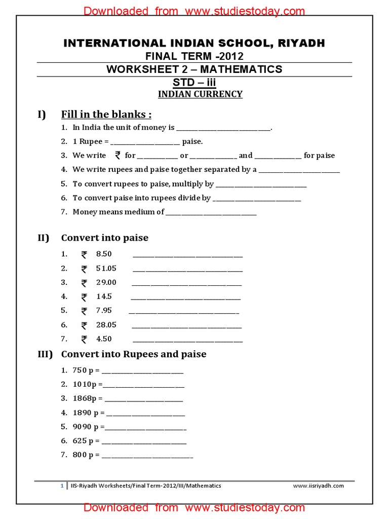 CBSE Class 3 Mathematics Worksheet (47) Indian Currency PDF