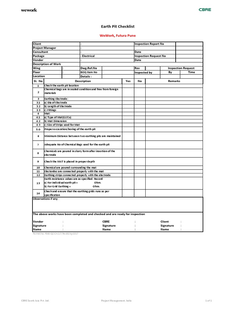F048QC Earth Pit Checklist PDF Electrode Manufactured Goods