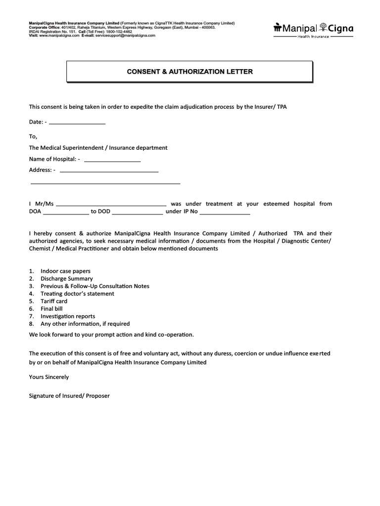 Consent & Authorization for Insurance Claim | PDF