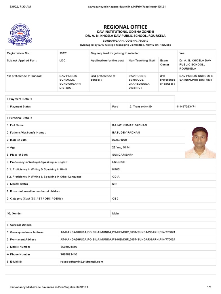 Regional Office: Dav Institutions, Odisha Zone-Ii Dr. A. N. Khosla Dav ...