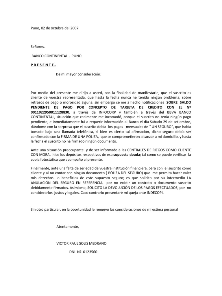 Carta a Banco Continental