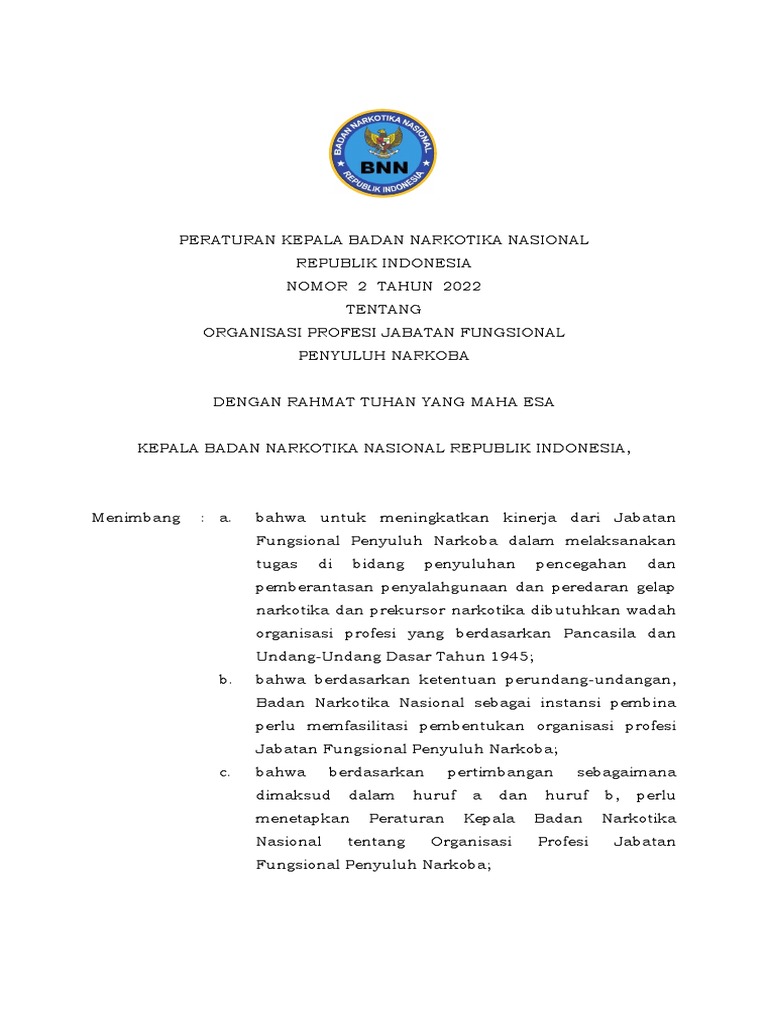 2022-Peraturan Kepala BNN Nomor 2 Tahun 2022 | PDF