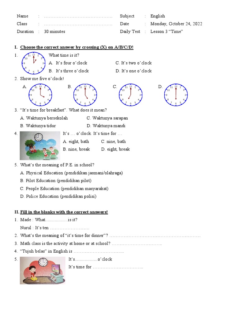 English Daily Test: Lesson on Time | PDF | Language Arts & Discipline