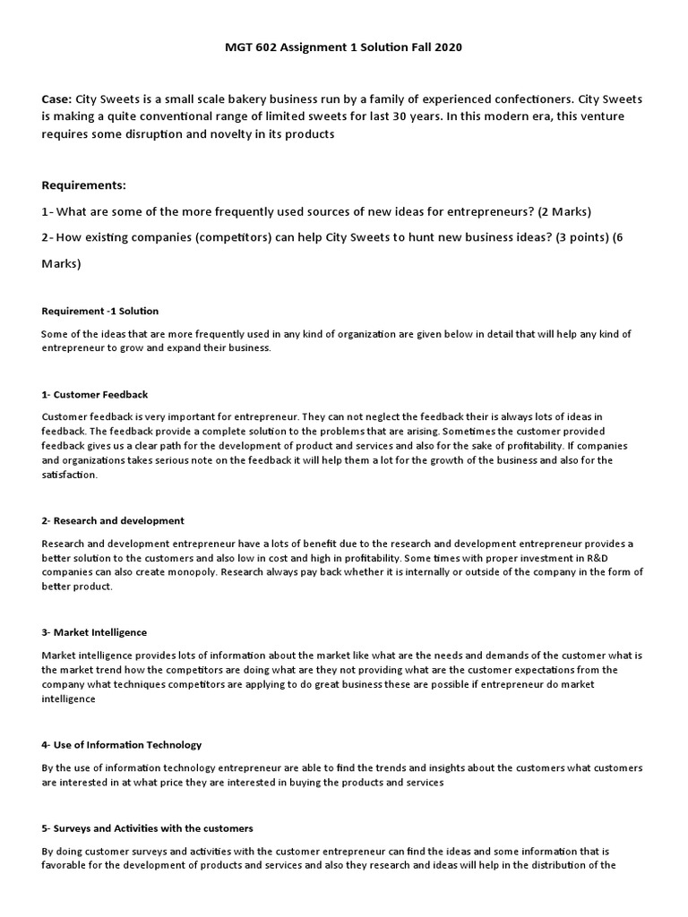 Mgt 602 Assignment 1 Solution Pdf Entrepreneurship Customer