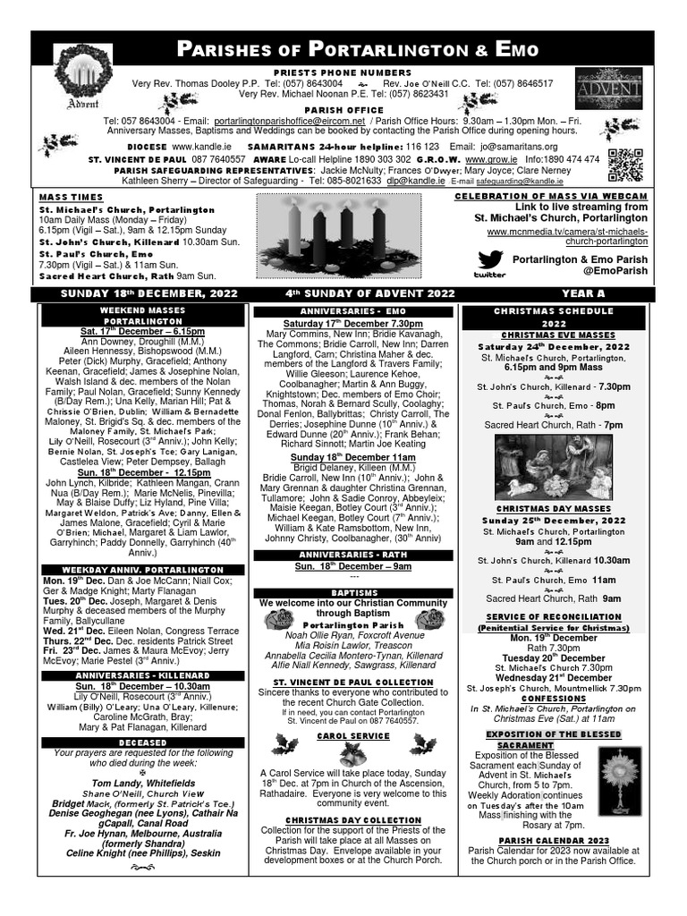 Portarlington parish newsletter december 18th 2022 fourth sunday of
