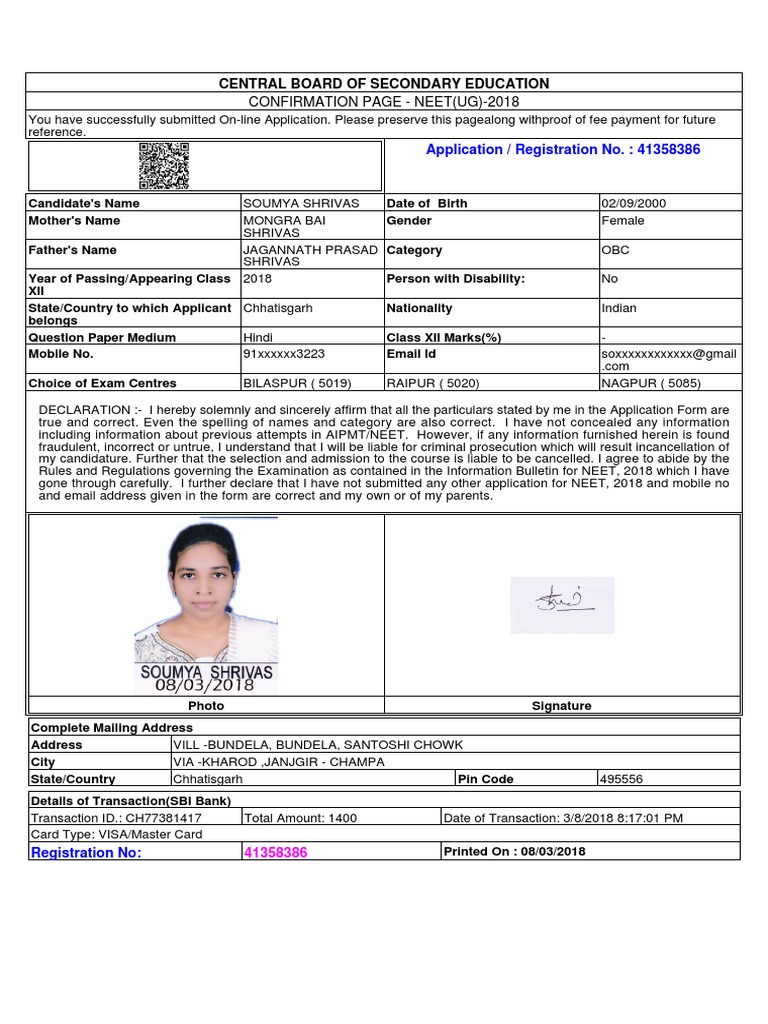 NEET(UG)-2018 Confirmation Page | PDF