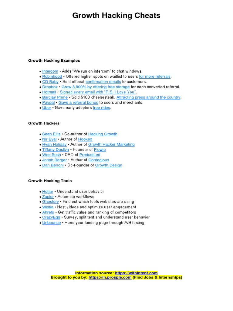 Growth Hacking Cheats | PDF | Facebook | Internet