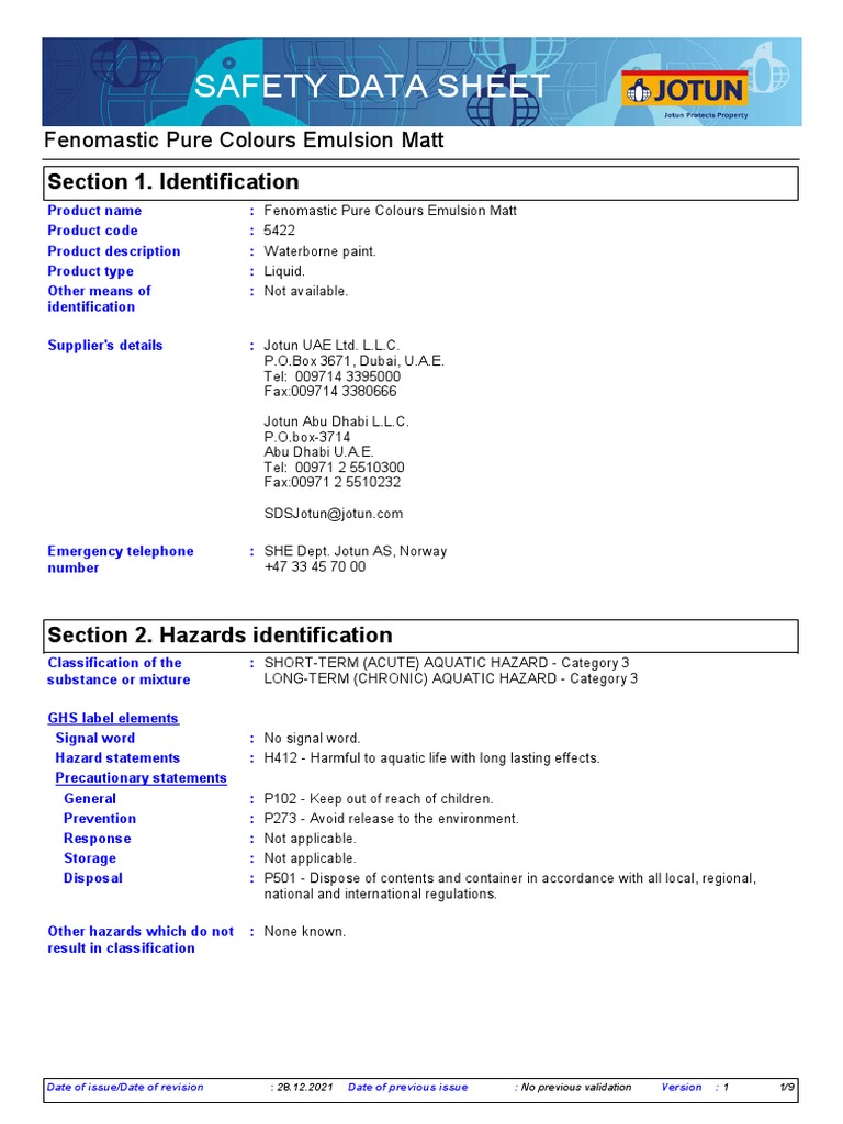 Fenomastic Pure Colours Emulsion Matt SDS | PDF | Toxicity | First Aid