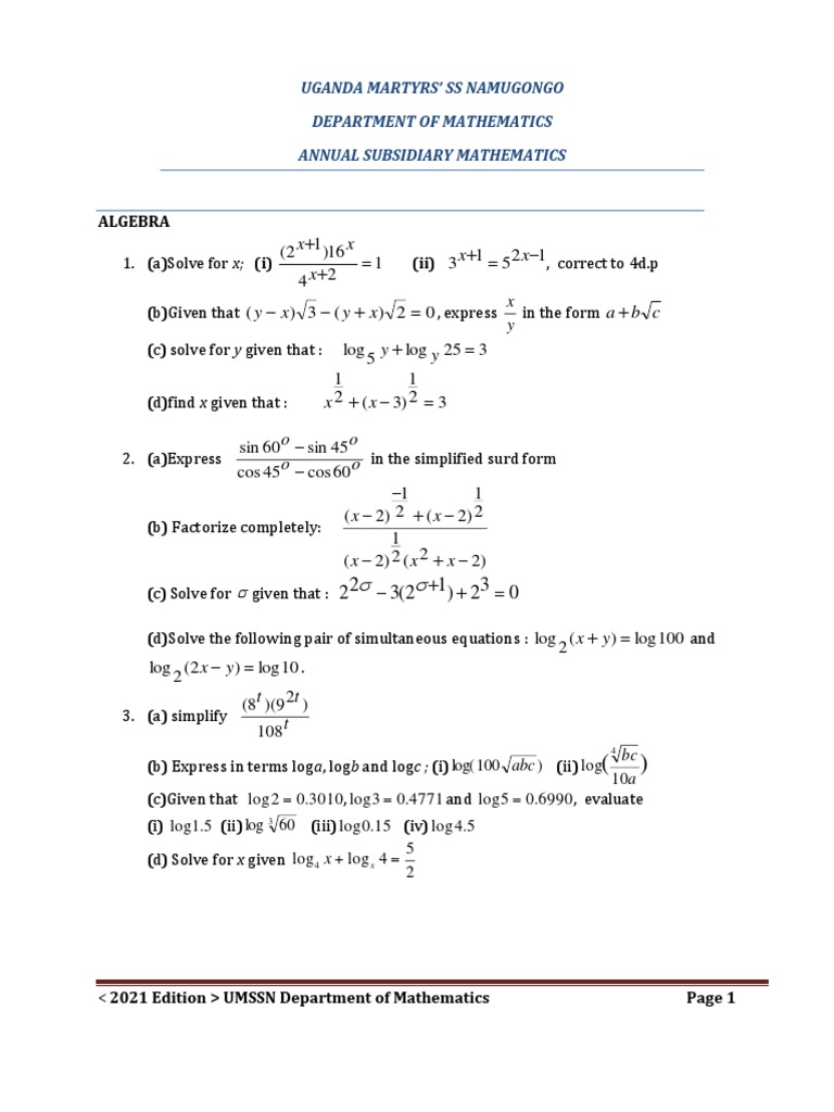 Annual Subsidiary Mathematics Notes | PDF | Quadratic Equation | Equations