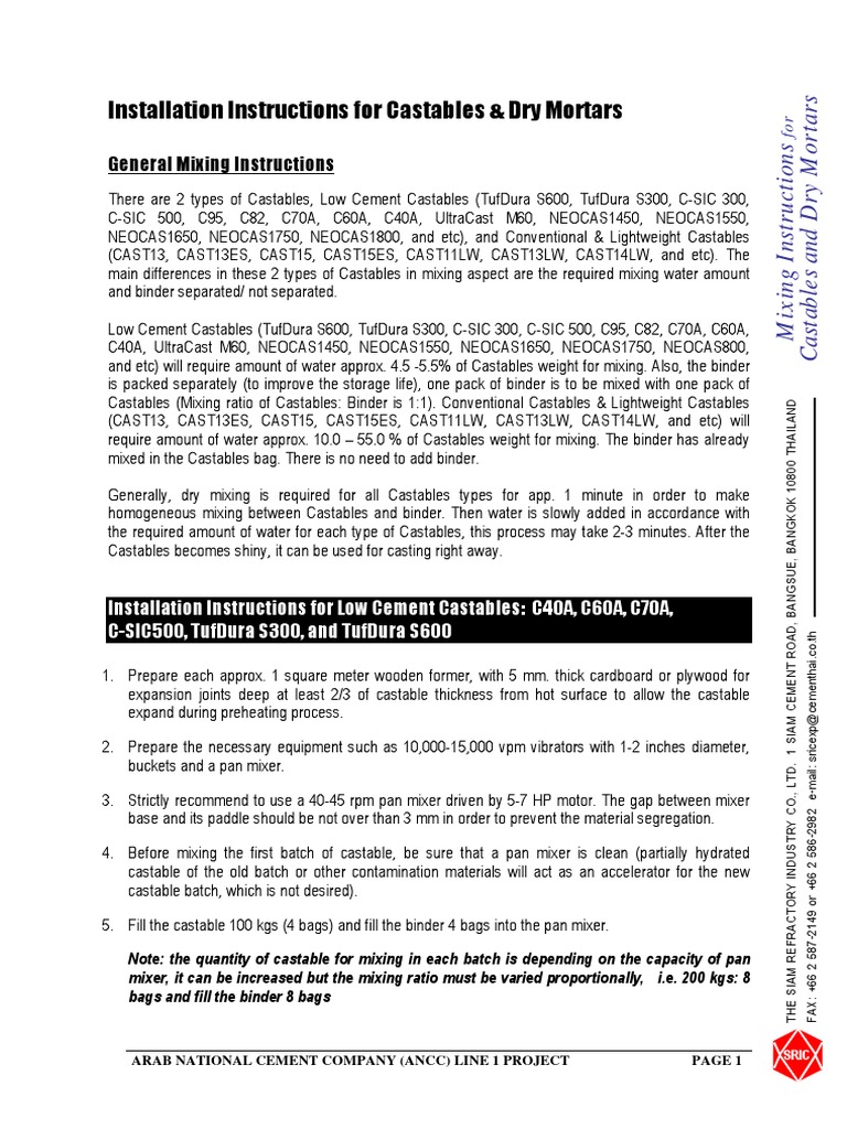 Mixing Instructions For Castables and Dry Mortars PDF Refractory