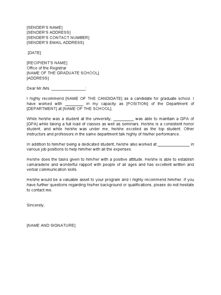 Graduate Recommendation Letter Template 04 PDF