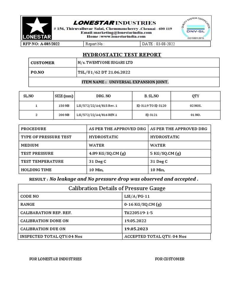 Pressure Test REPORT PDF Calibration Vacuum