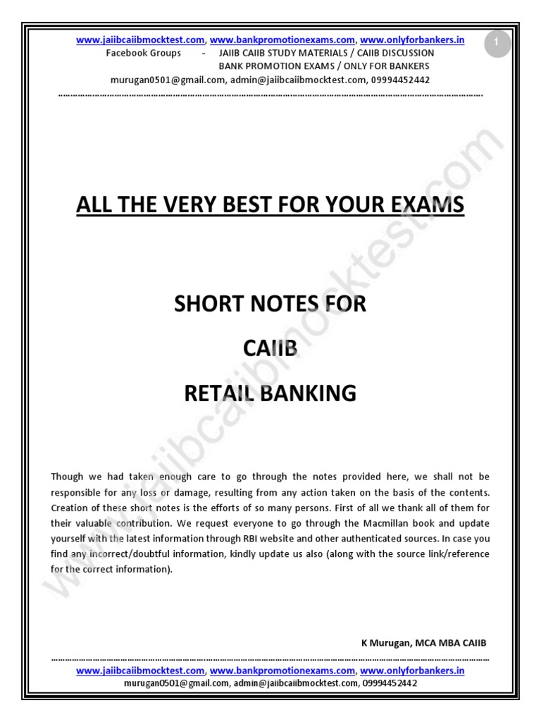 CAIIB Retail Banking Short Notes | PDF | Banks | Automated Teller Machine