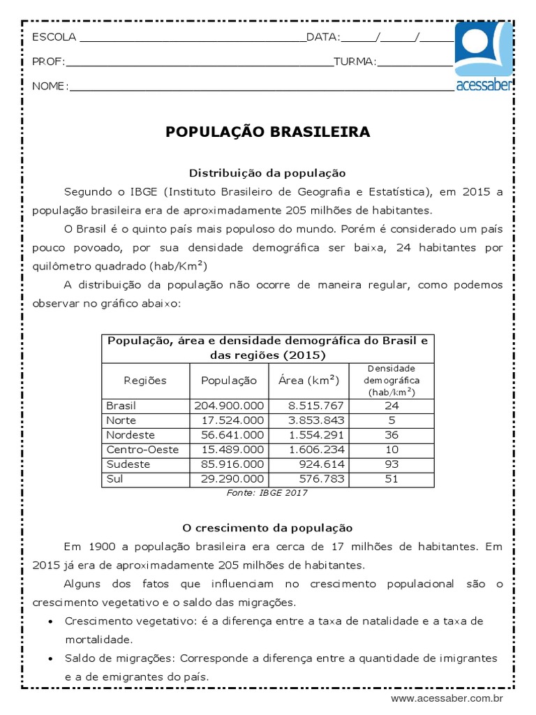 Atividade de Geografia Populacao Brasileira 5 Ano | PDF | População ...