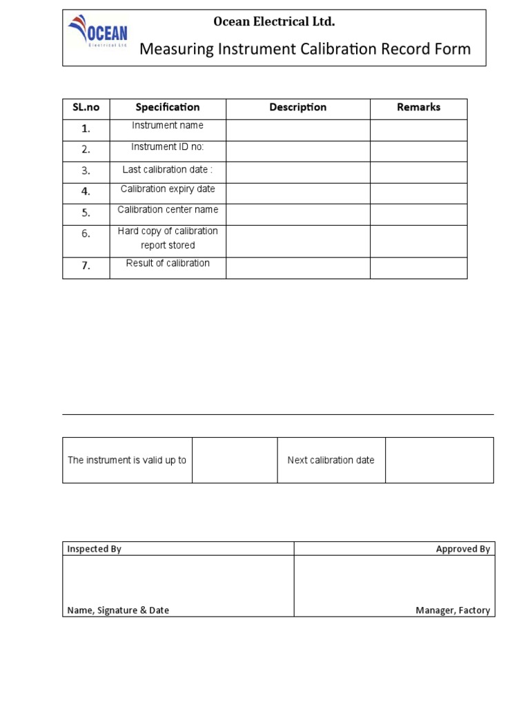 Internal Calibration Record Form PDF