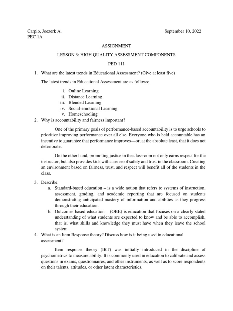 High Quality Assessment Components | PDF