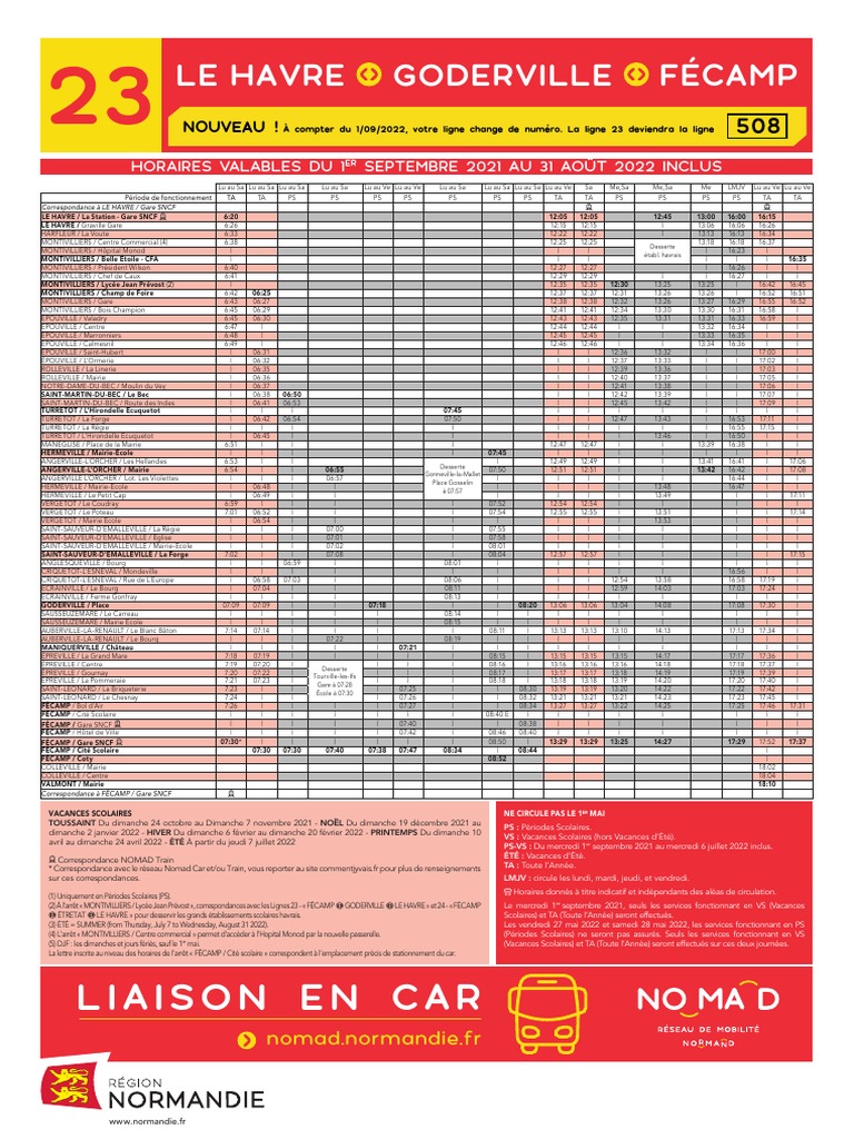 Horaires des cars Le Havre - Fécamp