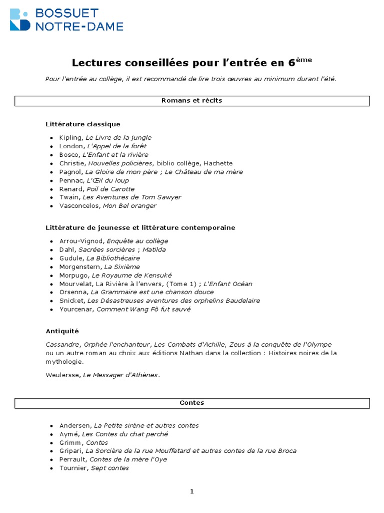 La Rivière à L envers Questionnaire De Lecture 6ème Lectures Conseillées Pour L'entrée en 6e | PDF