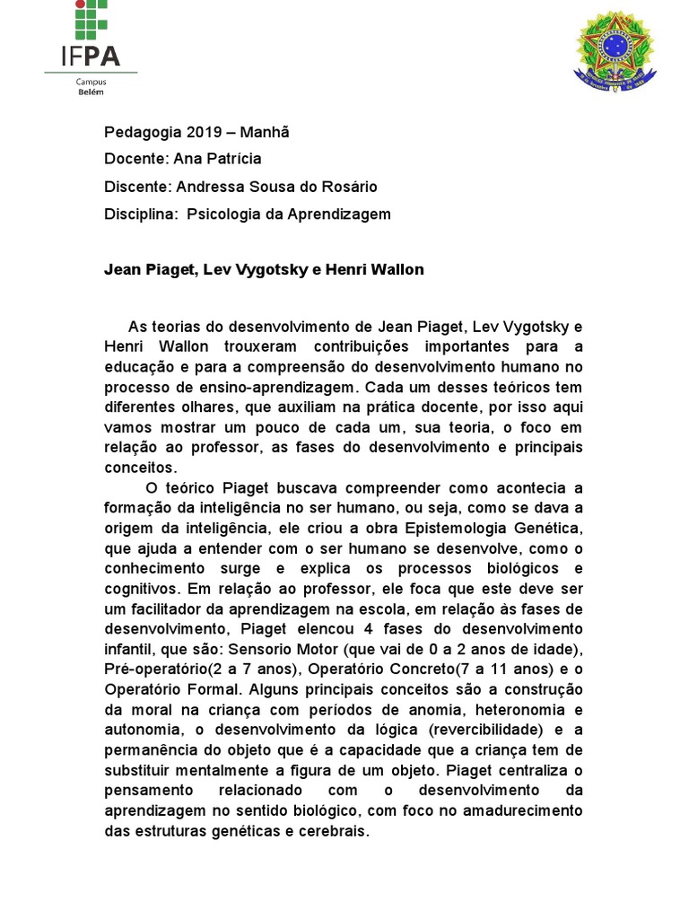 Teorias de Piaget, Vygotsky e Wallon | PDF | Aprendizado | Conceitos ...