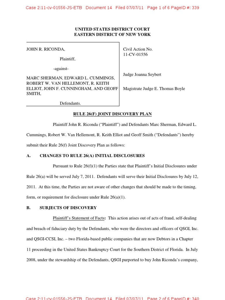 Riconda v. Sherman: Discovery Plan | PDF | Discovery (Law) | Complaint