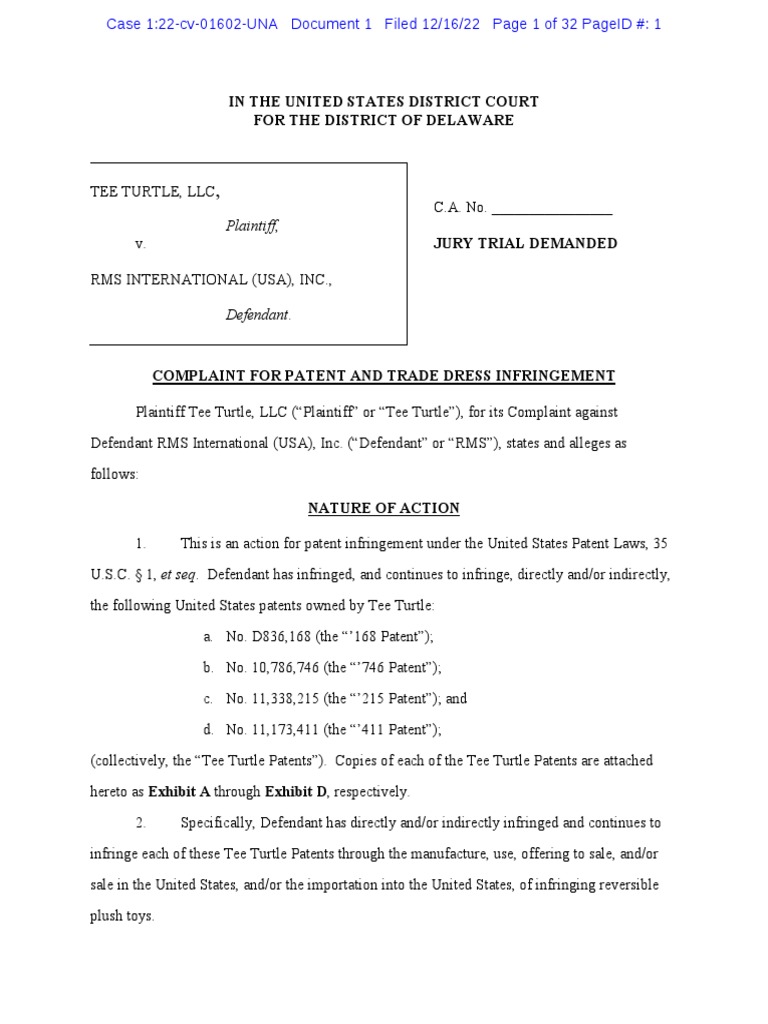 Tee Turtle v. RMS Int'l - Complaint | PDF | Patent Infringement | Patent