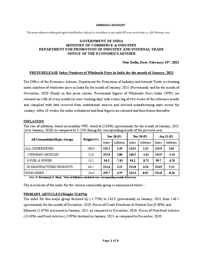 Cmonthly WPI Jan 2021 PDF Wholesale Price Index Oil