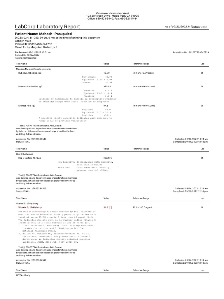 Labcorp Laboratory Report Patient Name MaheshPasupuleti PDF