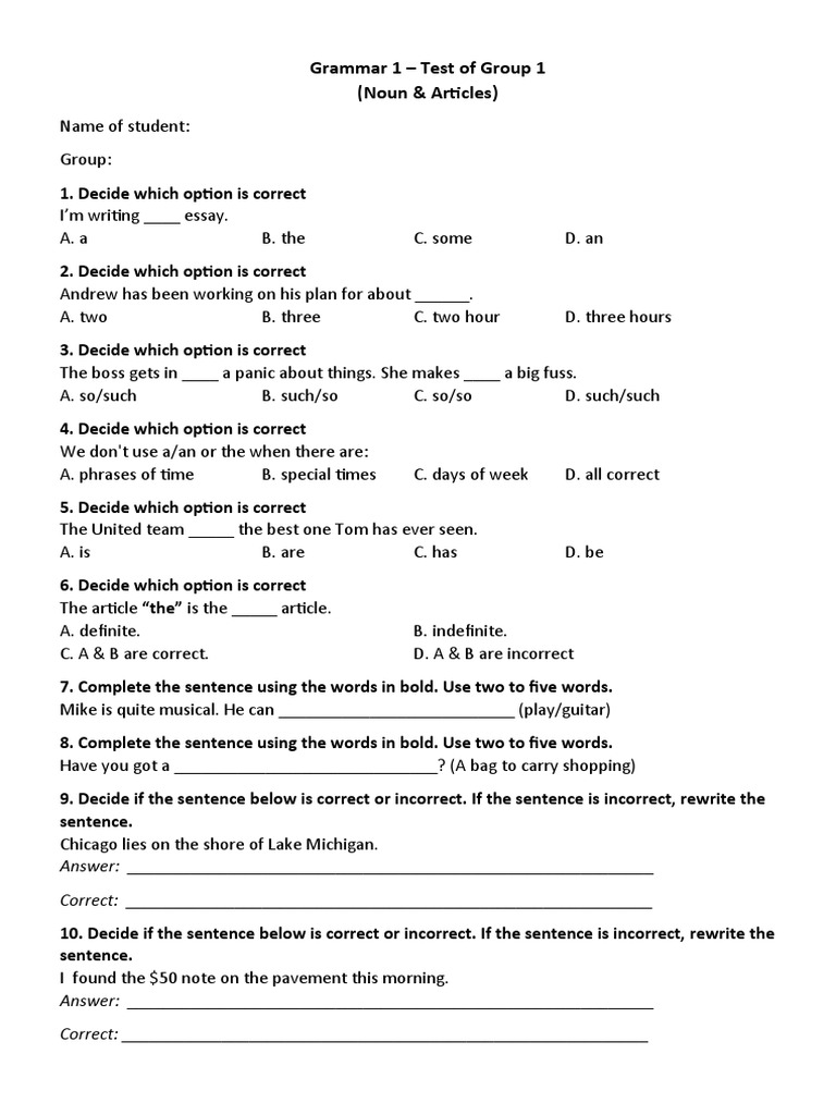 Grammar 1 MINITEST - Group 1 | PDF | Language Arts & Discipline