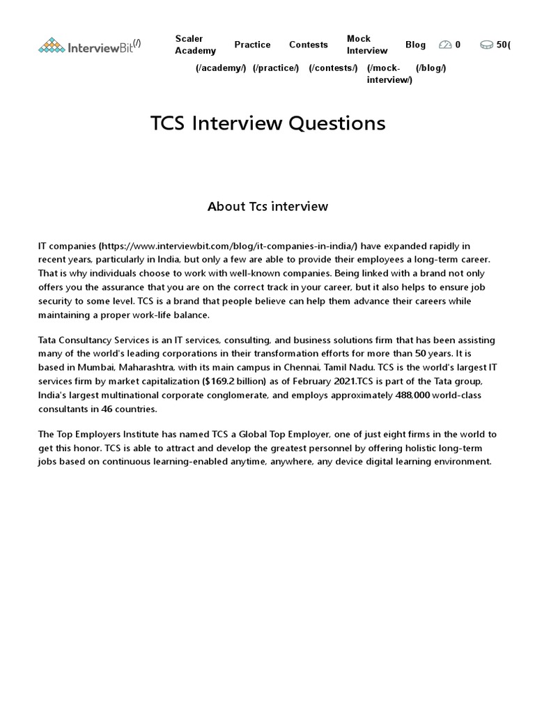 TCS Interview Questions TCS Recruitment (2021) InterviewBit PDF