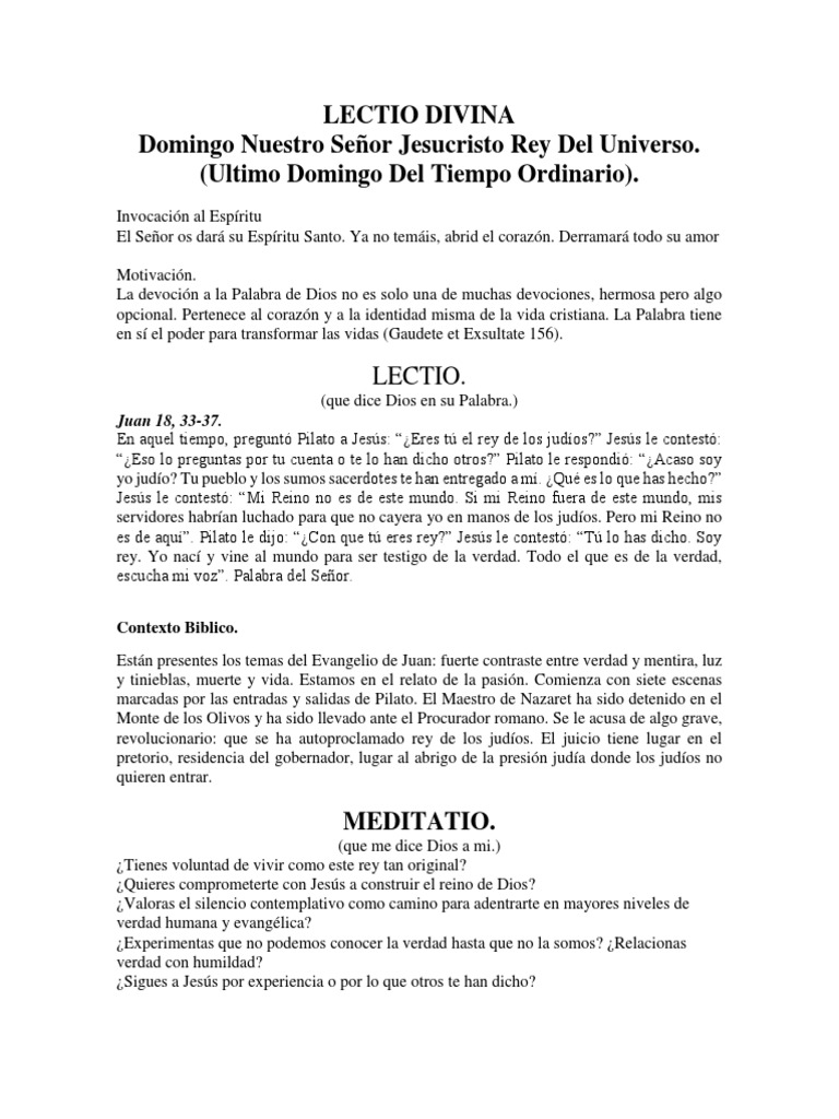 Lectio Divina Domingo Jesucristo Rey Del Universo | PDF | Jesús | Oración