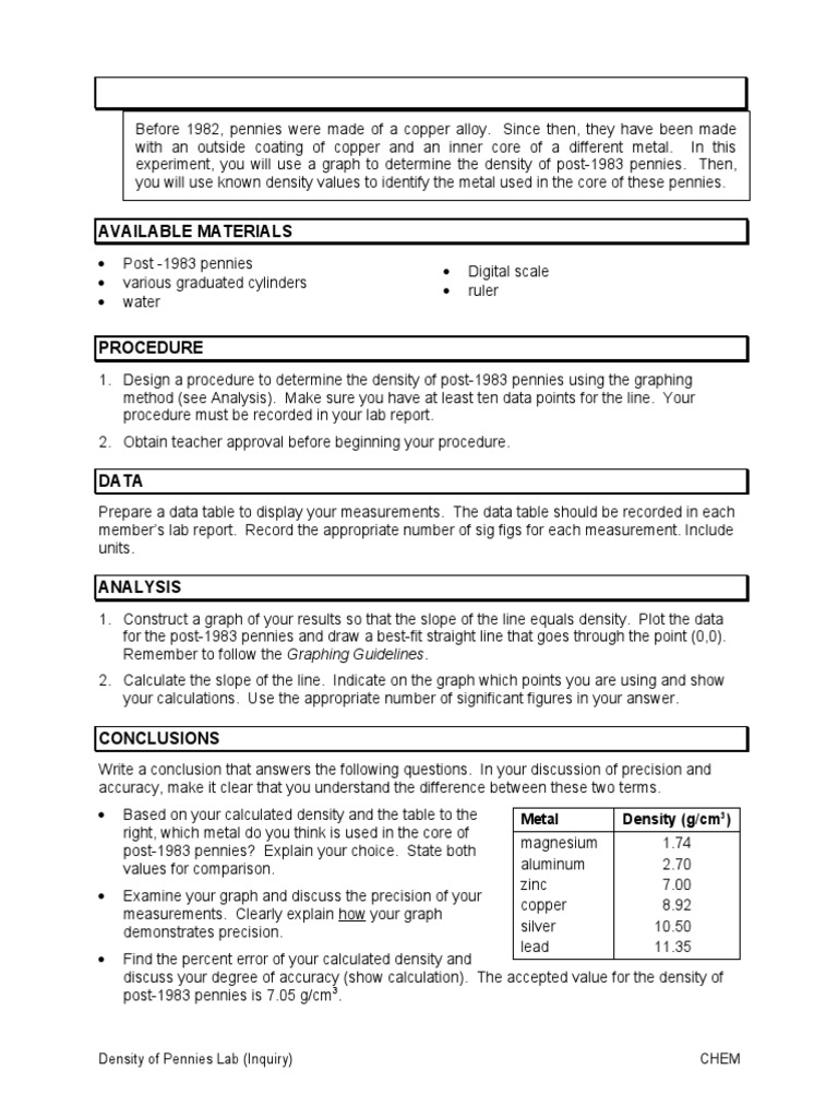 DENSITY OF PENNIES LAB Goozh PDF Significant Figures Density