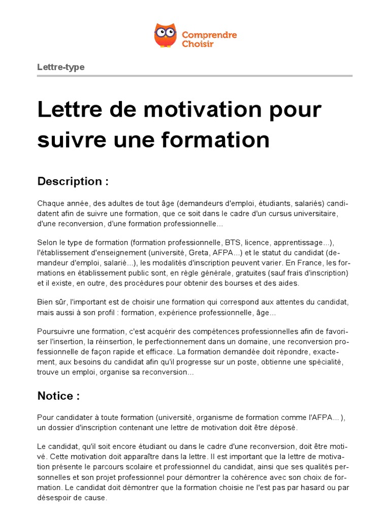 Lettre de motivation pour formation PDF Motivation Motivant — free download