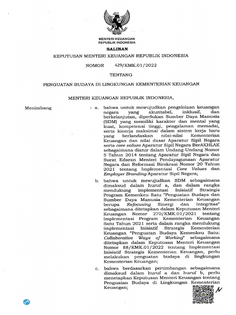 Kmk 429 2022 penguatan budaya kemenkeu pdf