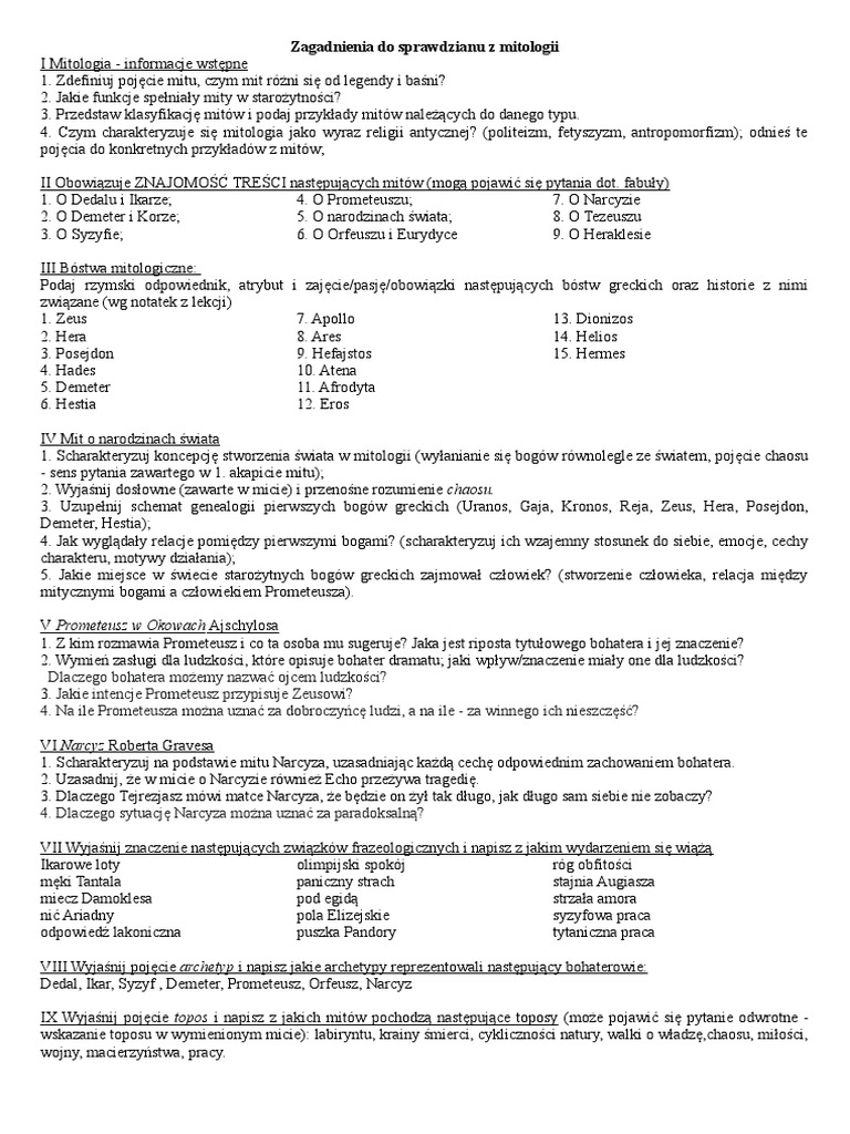 Test Z Mitologii Klasa 5 Pdf Zagadnienia Do Sprawdzianu Z Mitologii Kl. 1H Word | PDF