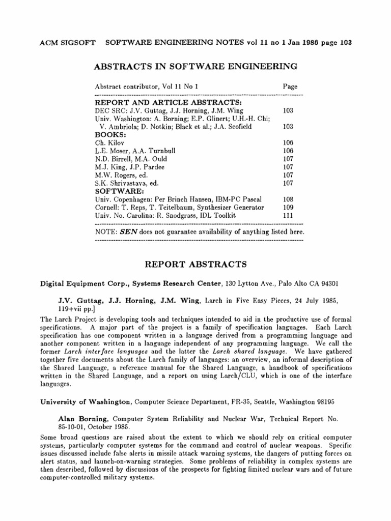 Abstracts in Software Engineering (ACM SIGSOFT Software Engineering