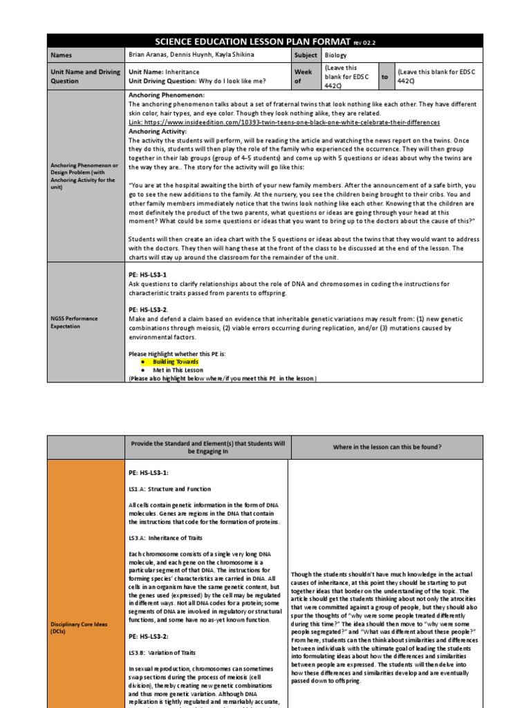 Lesson Plan 2 | PDF | Genetics | Dna