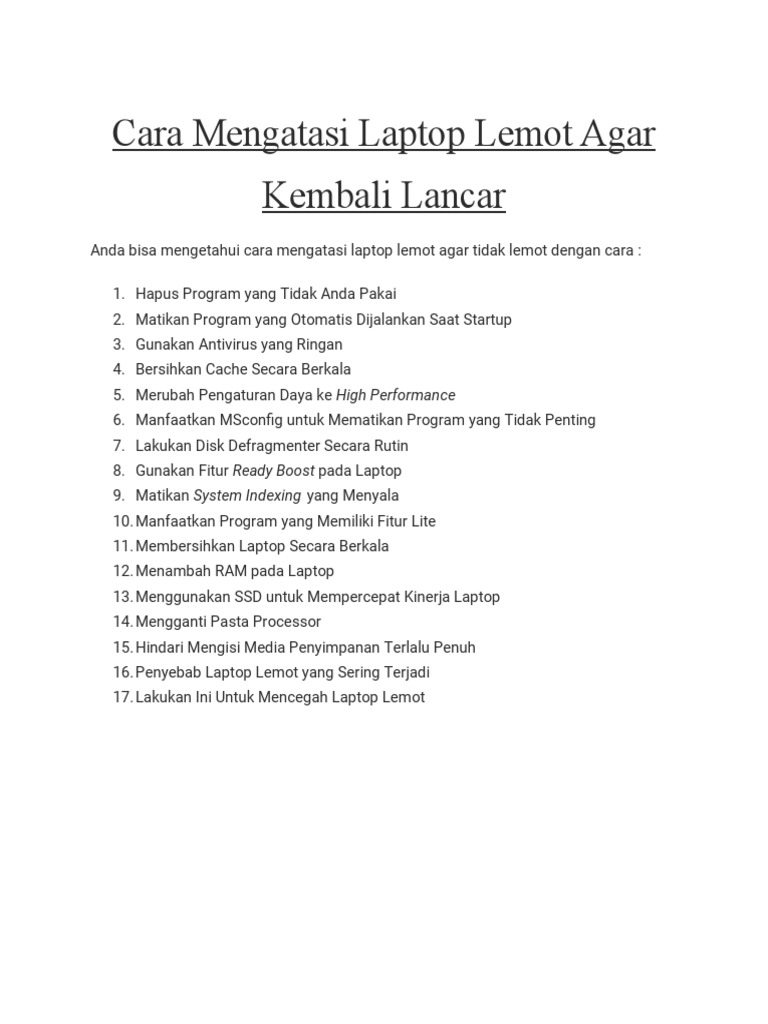 Cara Mengatasi Laptop Lemot Agar Kembali Lancar | PDF