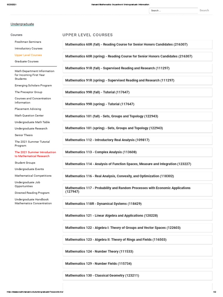 Harvard Mathematics Department Undergraduate Information 1 PDF Mathematics Geometry