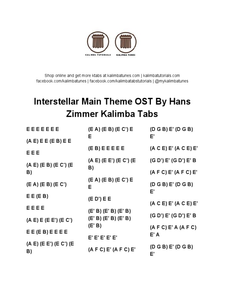 Interstellar Main Theme OST by Hans Zimmer Kalimba Tabs PDF