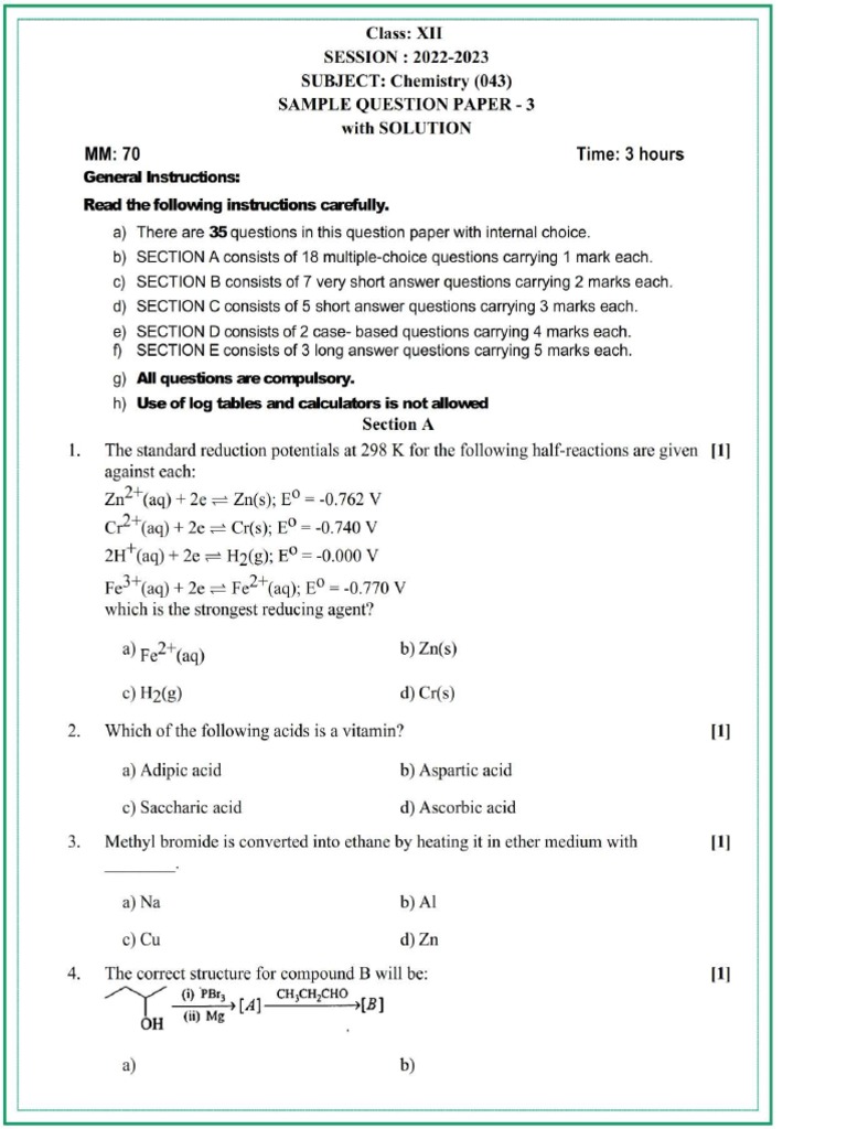 Chemistry SQP-7 (Latest) 2023 Class 12 CBSE | PDF