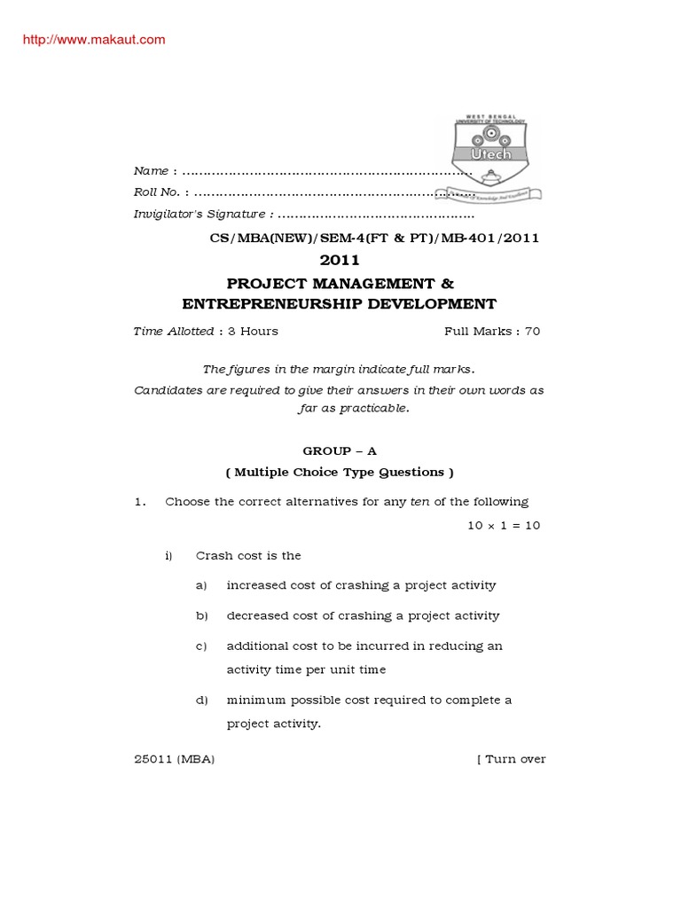 Mba Mb 401 Project Management And Entrepreneurship Development 2011