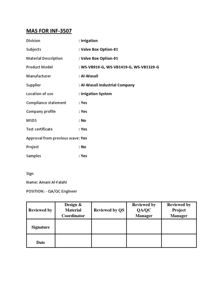 Al-Wasail Valve Box Specifications | PDF | Density | Young's Modulus