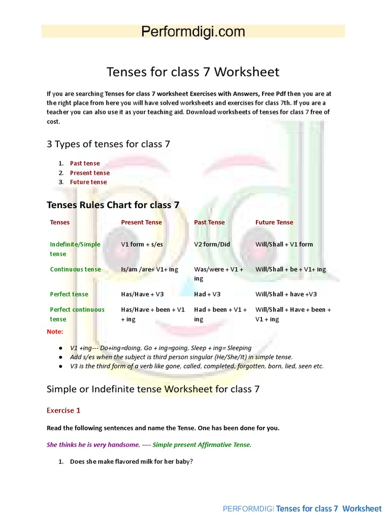 Class 7 Tenses Worksheet with Answers | PDF | Grammatical Tense ...