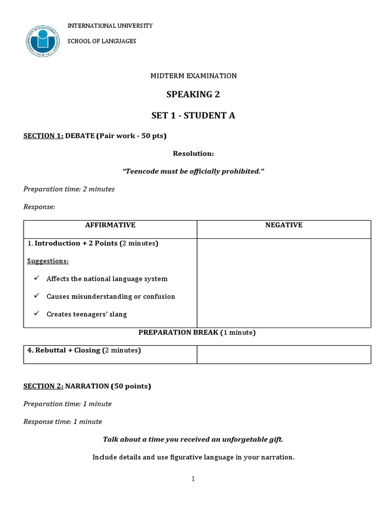 Speaking 2_Midterm Test Sample (2) PDF Cognition Linguistics
