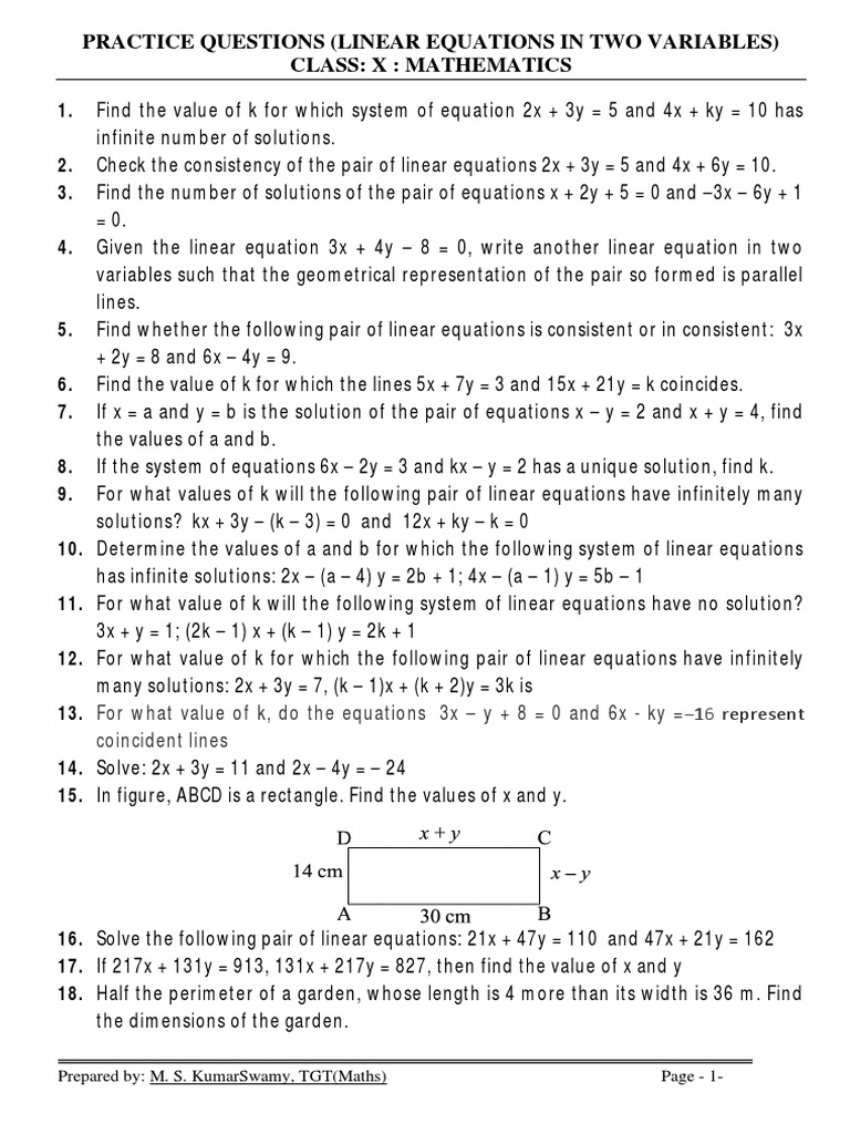 Solutions to Practice Questions on Linear Equations in Two Variables ...