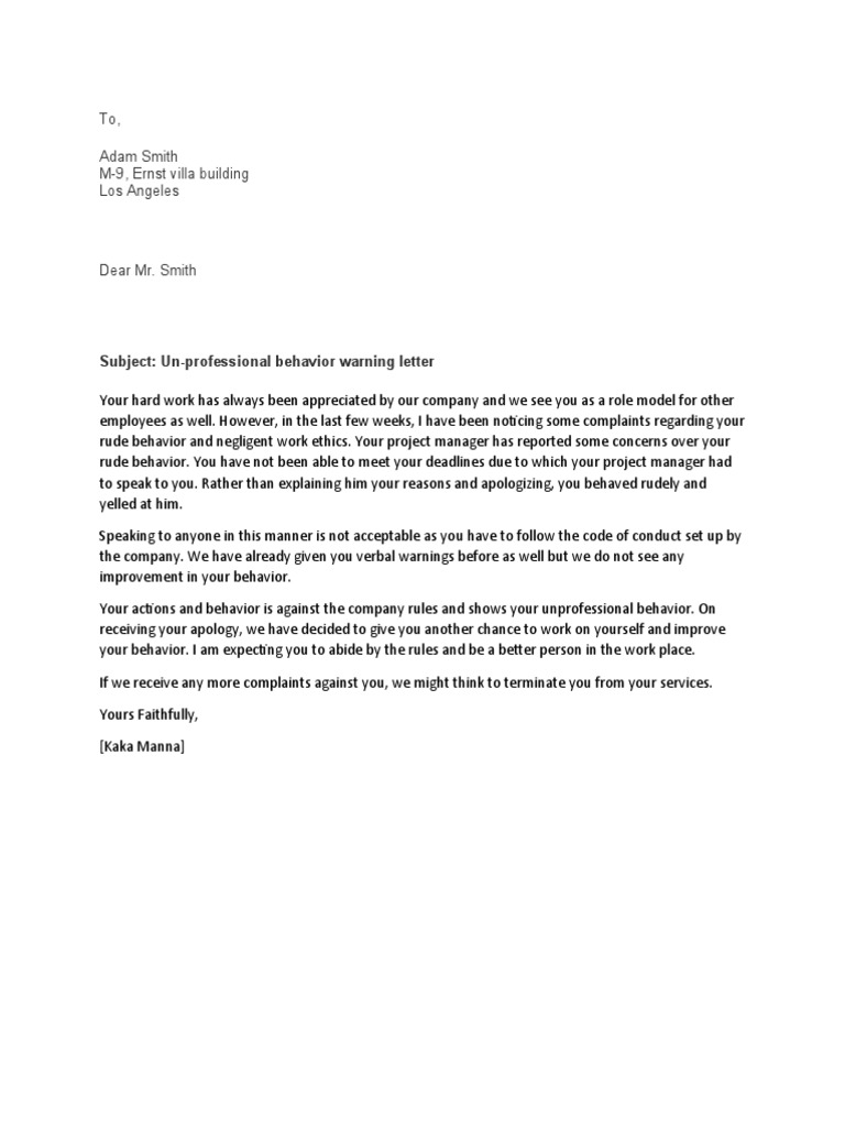 Unprofessional behavior warning letter pdf