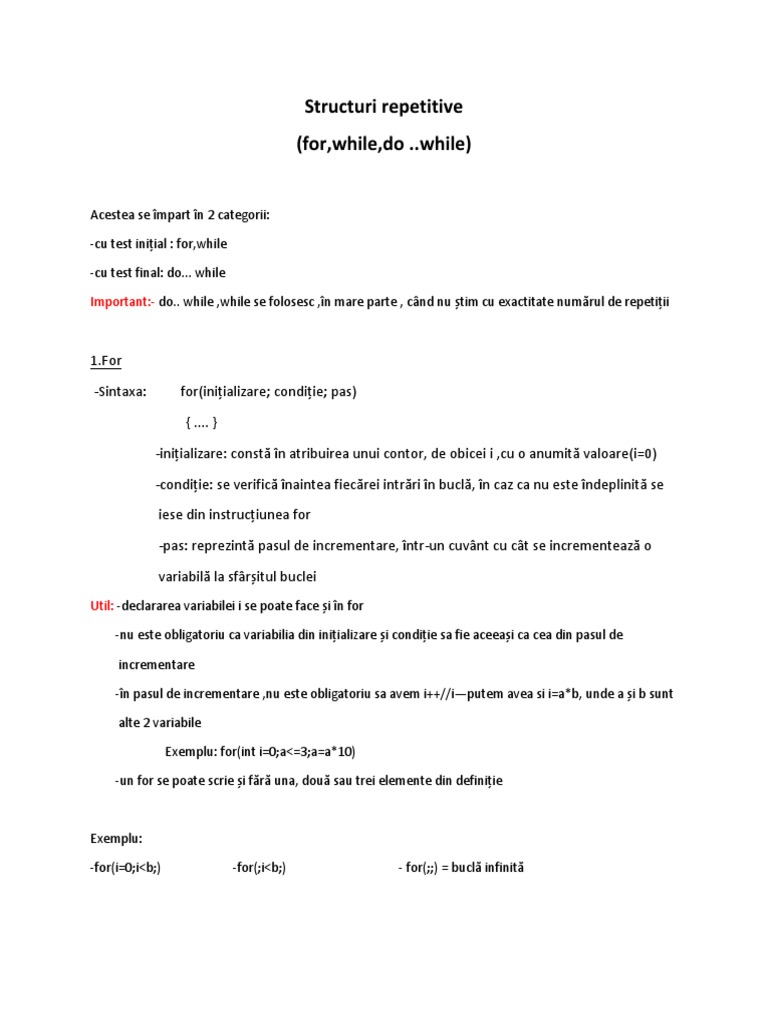 Structuri Repetitive (For, While, Do ..While) : Important | PDF